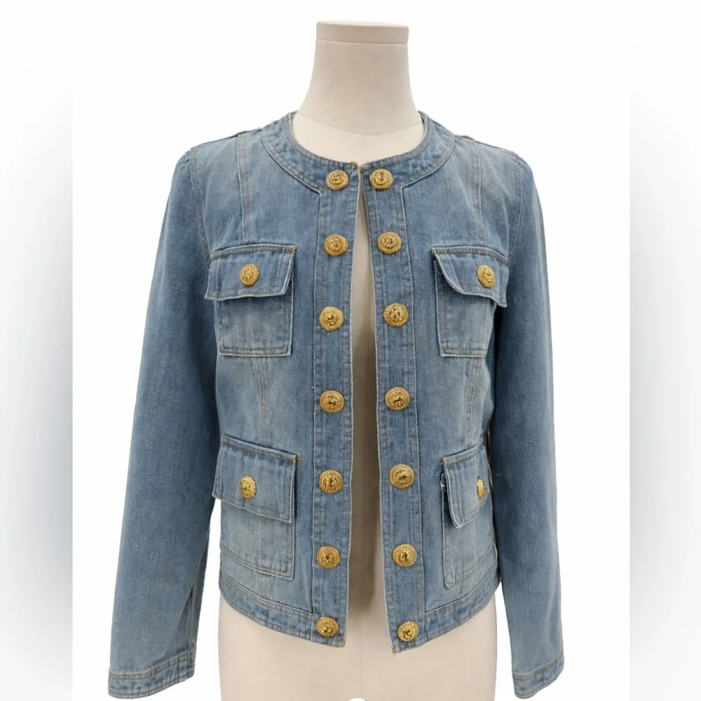Ma Cherie Light Wash Denim Jacket with Gold Crest Buttons Chic Military Style - Picture 2 of 15